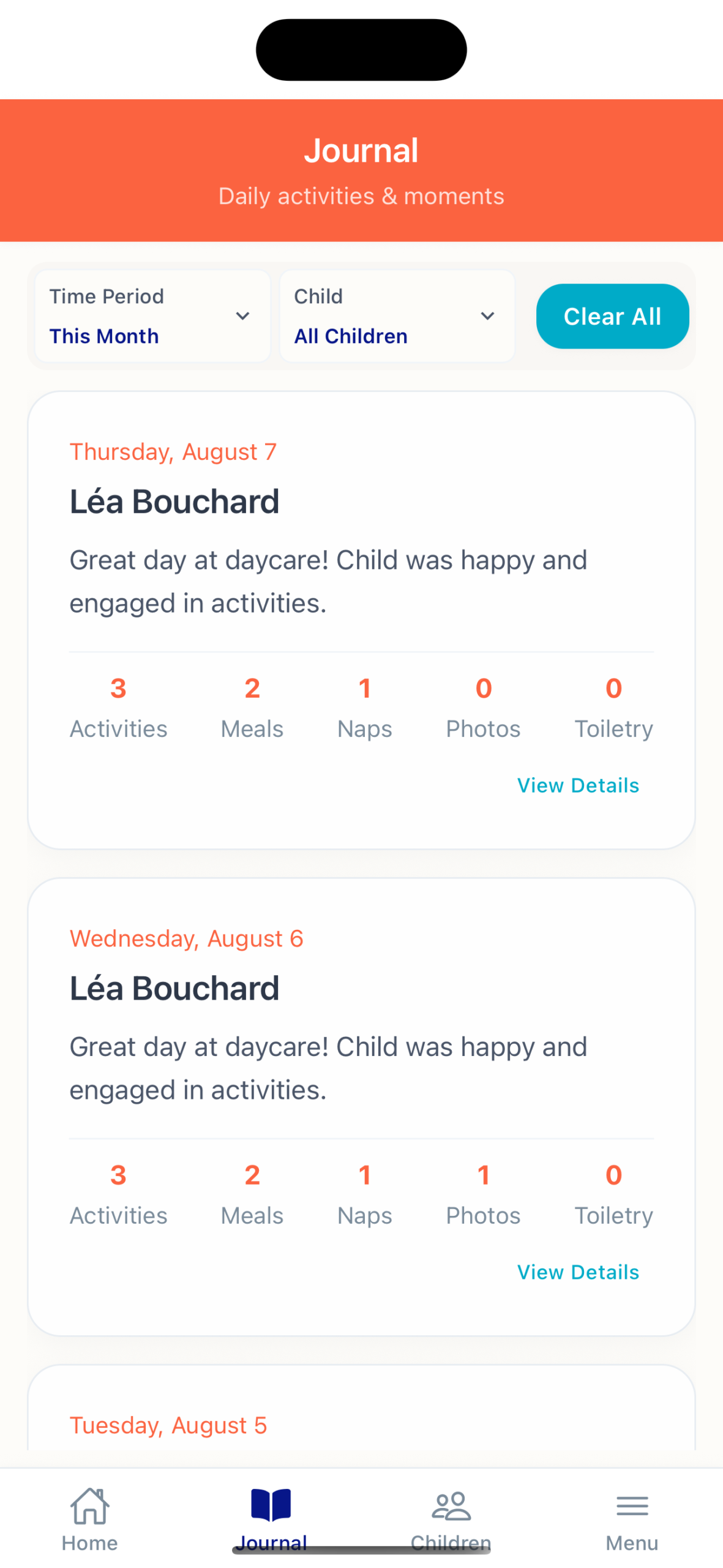 Track daily activities, meals, naps, and moments.